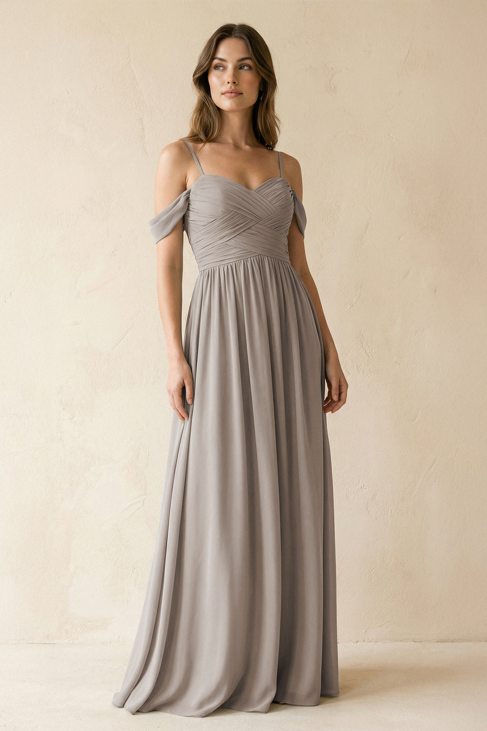 A-Line Off-the-Shoulder Pleated Chiffon Bridesmaid Dress in Frost