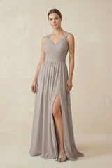 Frost A-Line Pleated Chiffon Long Bridesmaid Dress | KISSBRIDAL