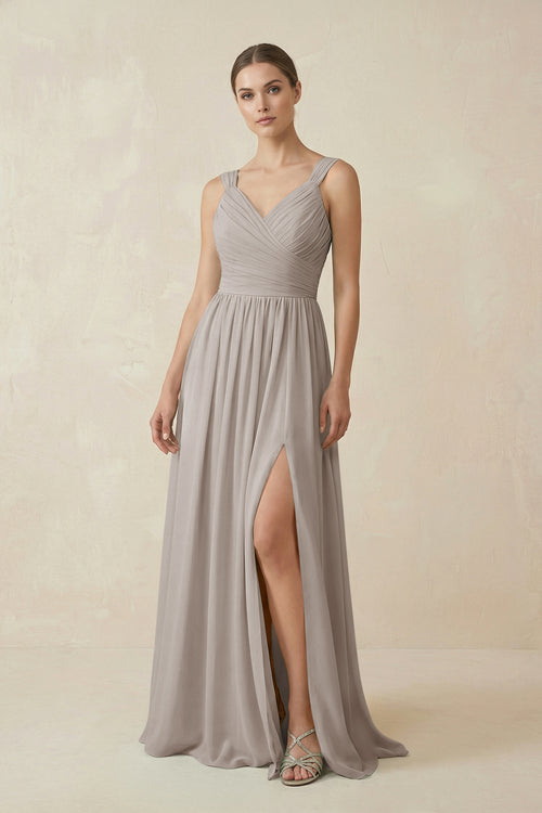 Frost A-Line Pleated Chiffon Long Bridesmaid Dress | KISSBRIDAL