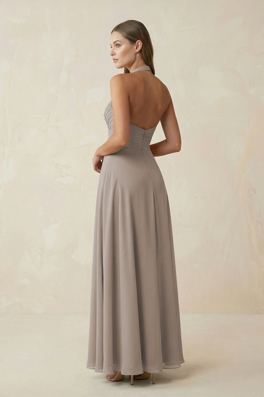 A-Line Pleated Chiffon V-Neck Bridesmaid Dress in Frost