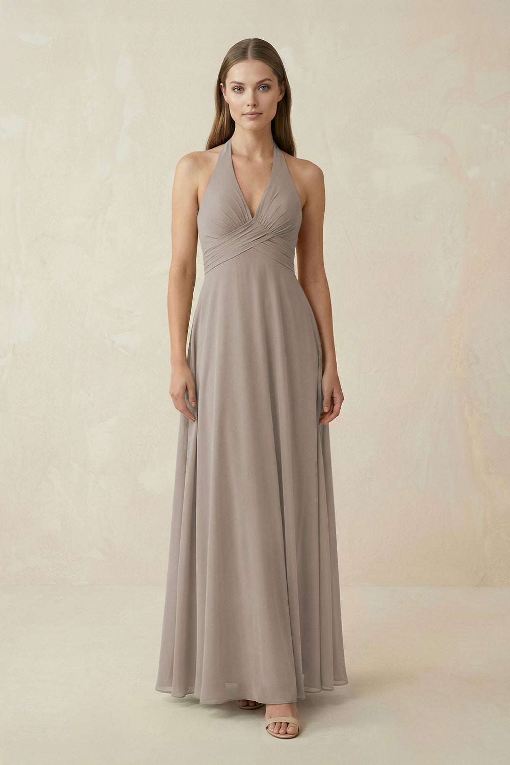 A-Line Pleated Chiffon V-Neck Bridesmaid Dress in Frost