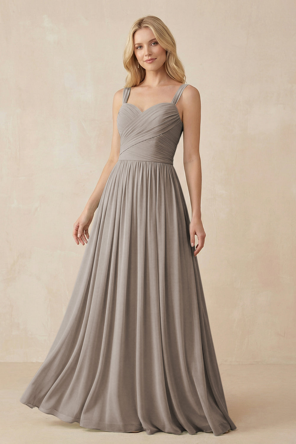 A-Line Pleated Long Chiffon Bridesmaid Dress in Frost
