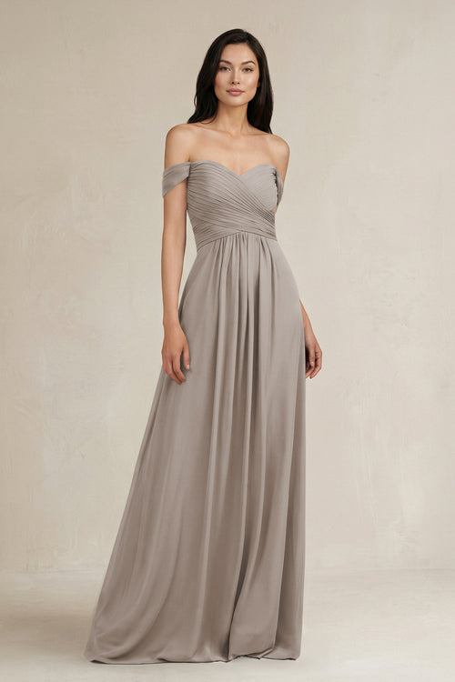 Frost A-Line Pleated Off-the-Shoulder Chiffon Bridesmaid Dress | KISSBRIDAL