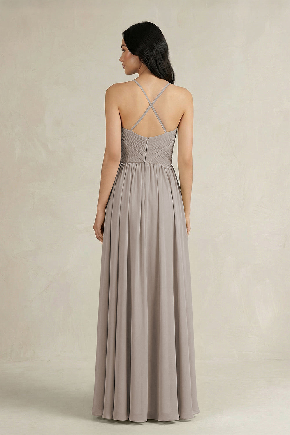 A-Line Pleated Spaghetti Strap Chiffon Bridesmaid Dress in Frost