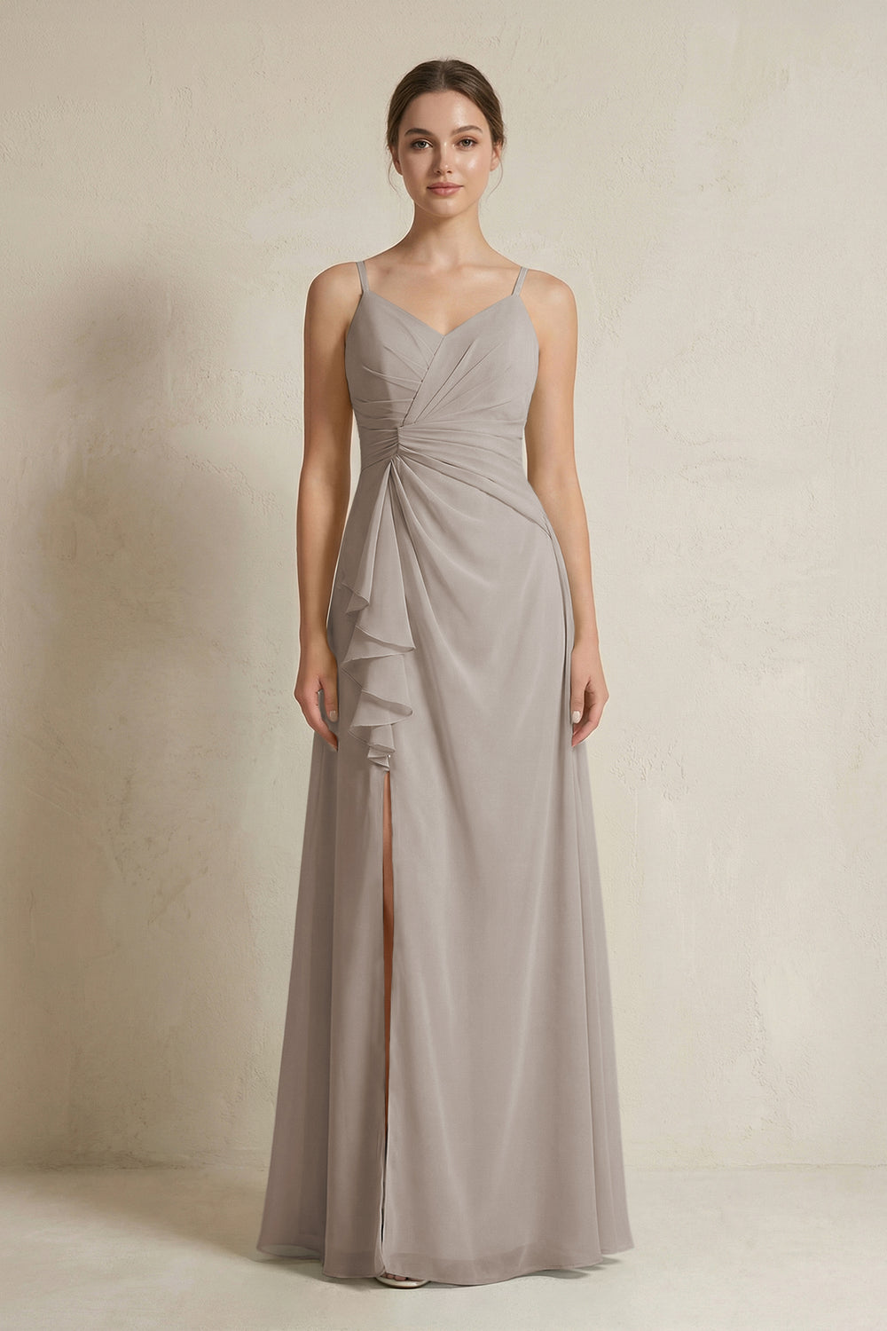A-Line Ruffled Spaghetti Strap Chiffon Bridesmaid Dress in Frost