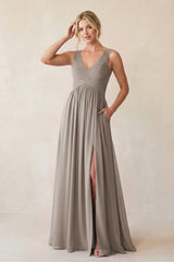 Frost A-Line V-Neck Pleated Chiffon Bridesmaid Dress | KISSBRIDAL