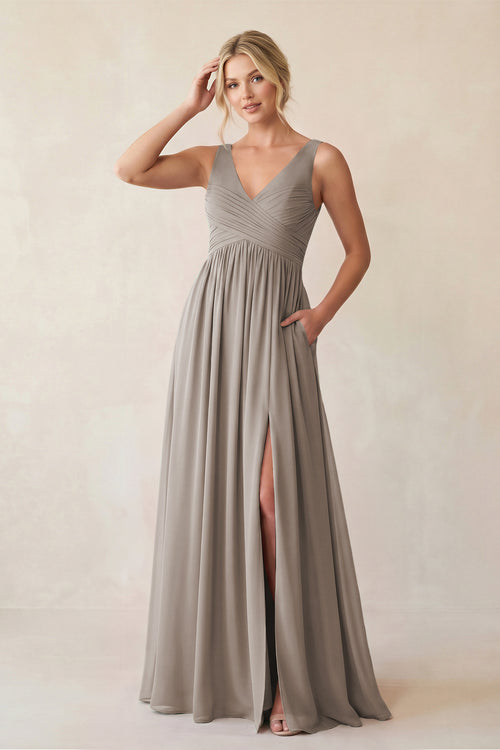 Frost A-Line V-Neck Pleated Chiffon Bridesmaid Dress | KISSBRIDAL
