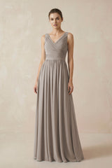 Frost A-Line V-Neck Pleated Chiffon Bridesmaid Dress | KISSBRIDAL