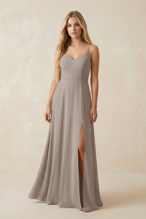 Frost Cami Strap A-Line Chiffon Bridesmaid Dress with Slit | KISSBRIDAL