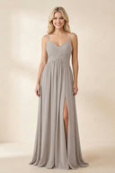 Frost Cami Strap Chiffon A-Line Bridesmaid Dress with Slit | KISSBRIDAL