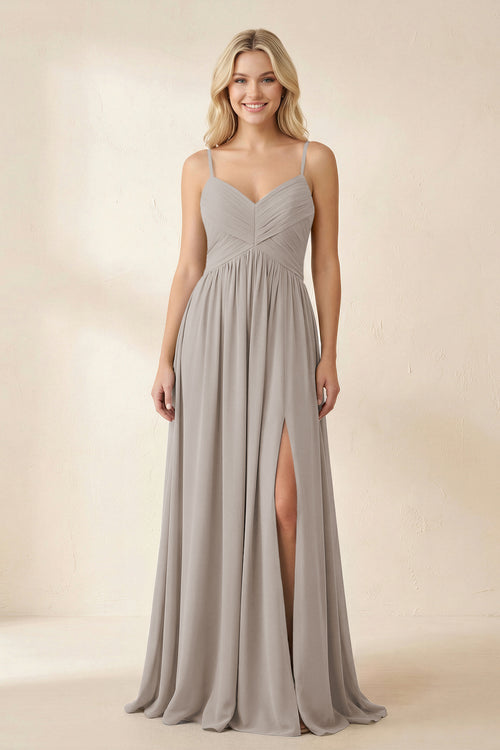 Frost Cami Strap Chiffon A-Line Bridesmaid Dress with Slit | KISSBRIDAL
