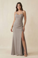 Frost Cami Strap Sheath Chiffon Bridesmaid Dress with Slit | KISSBRIDAL