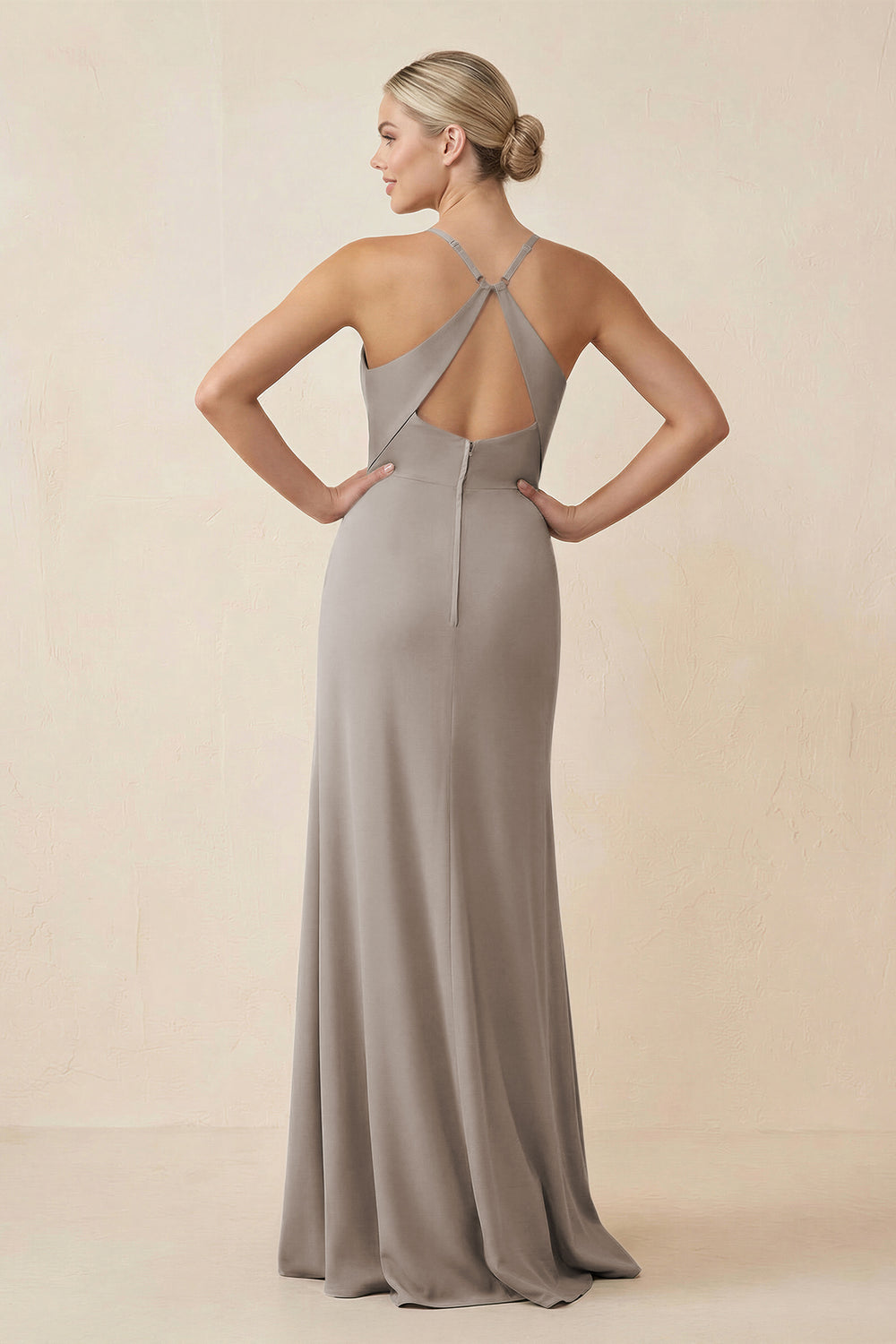 Cami Strap Sheath Ruched Bridesmaid Dress With Slit in Frost