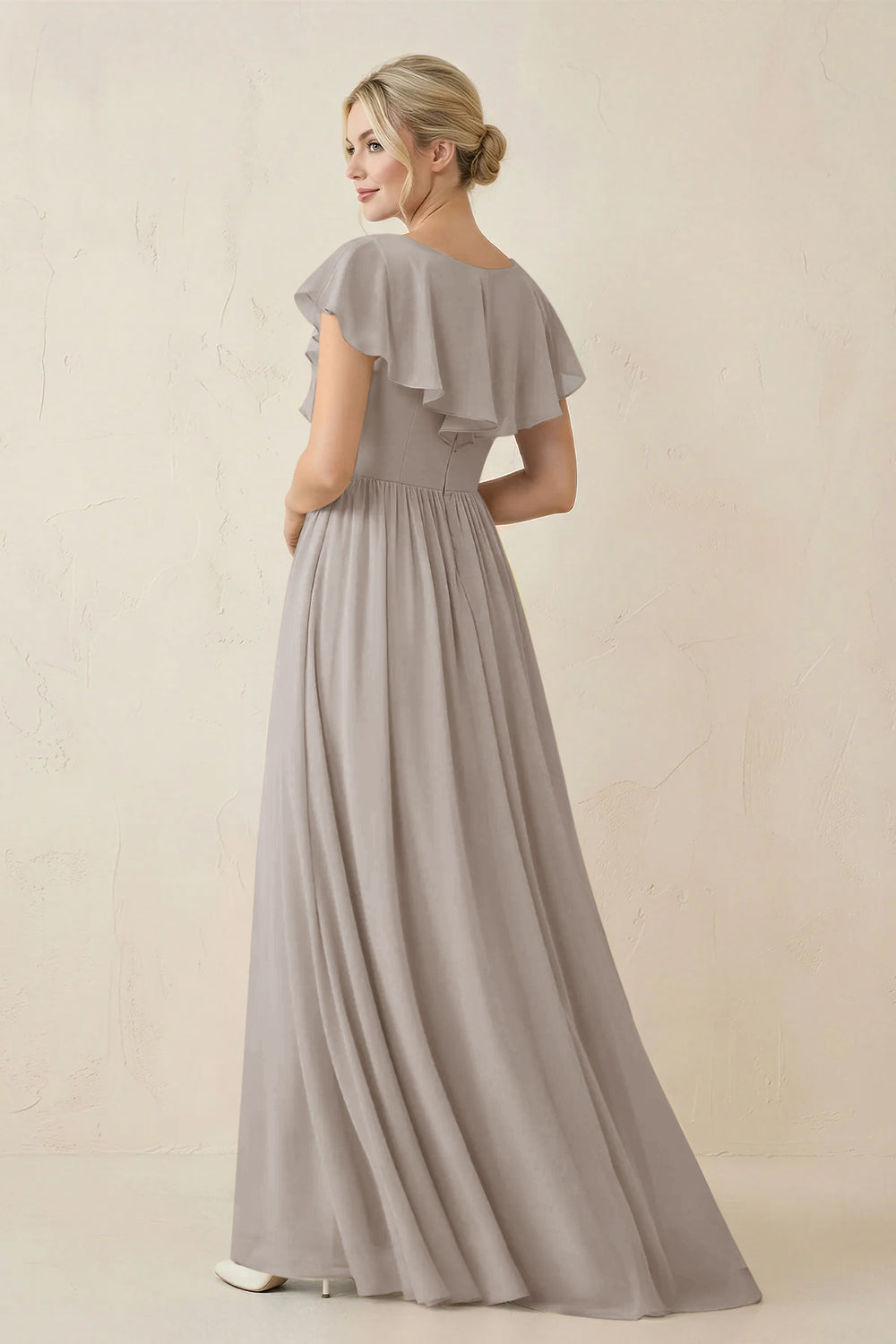 Cap Sleeve A-Line Ruffled Chiffon Bridesmaid Dress in Frost