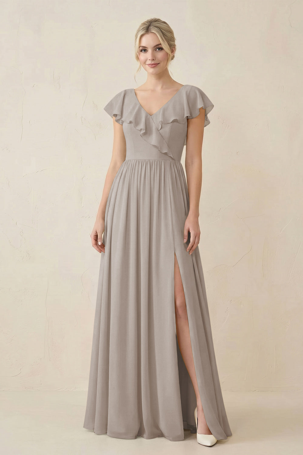 Cap Sleeve A-Line Ruffled Chiffon Bridesmaid Dress in Frost