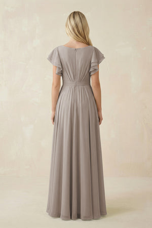 Frost Cap Sleeve Ruffled A-Line Chiffon Bridesmaid Dress 9 (2) | KISSBRIDAL