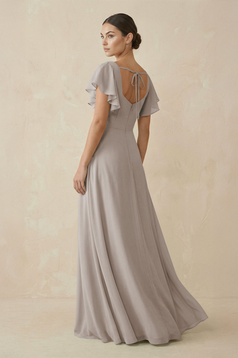 Chiffon A-Line Long Bridesmaid Dress with Flutter Sleeves in Frost