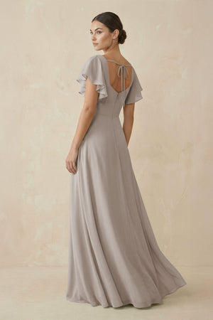 Frost Chiffon A-Line Long Bridesmaid Dress with Flutter Sleeves (2) | KISSBRIDAL