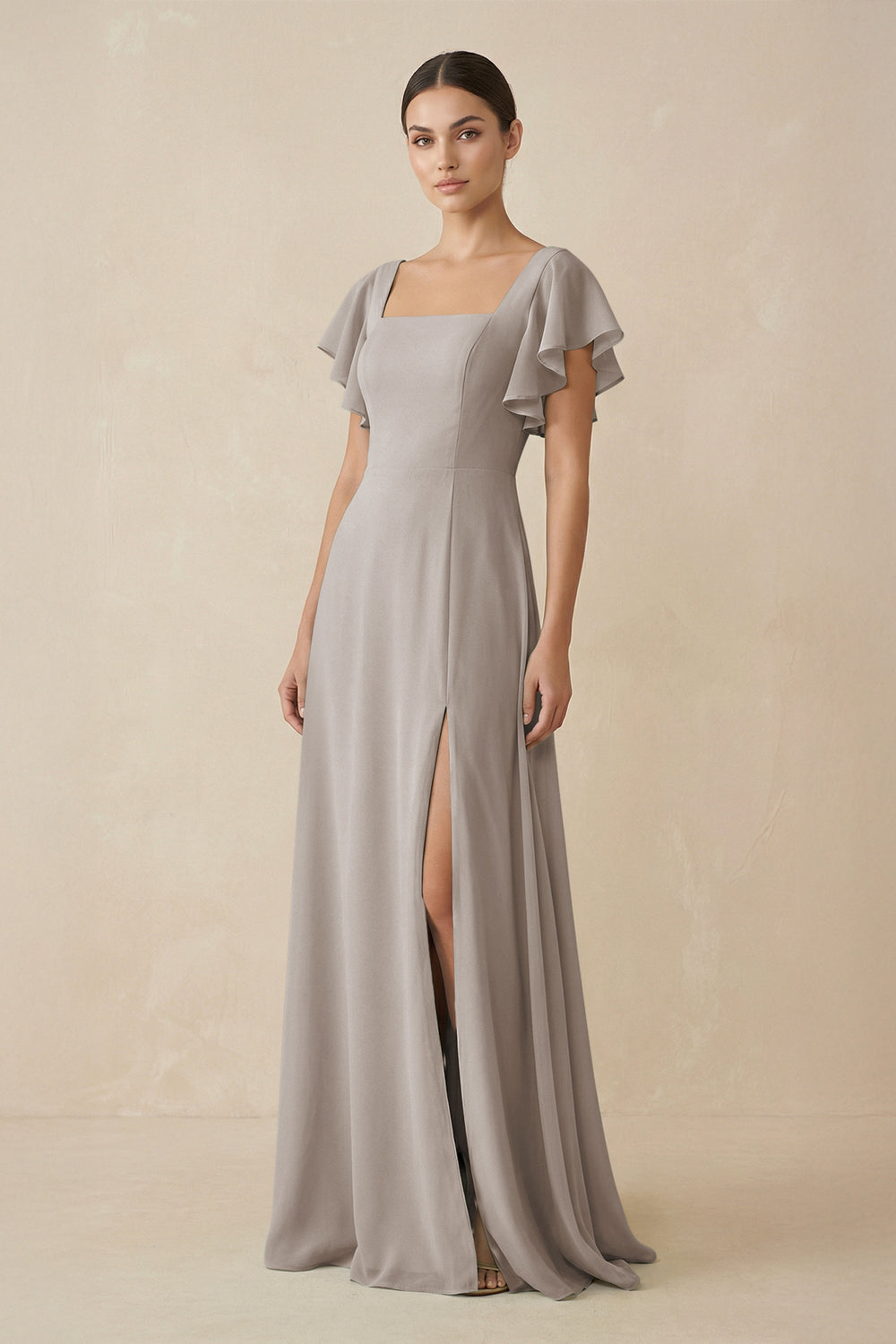 Chiffon A-Line Long Bridesmaid Dress with Flutter Sleeves in Frost