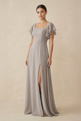 Frost Chiffon A-Line Long Bridesmaid Dress with Flutter Sleeves | KISSBRIDAL
