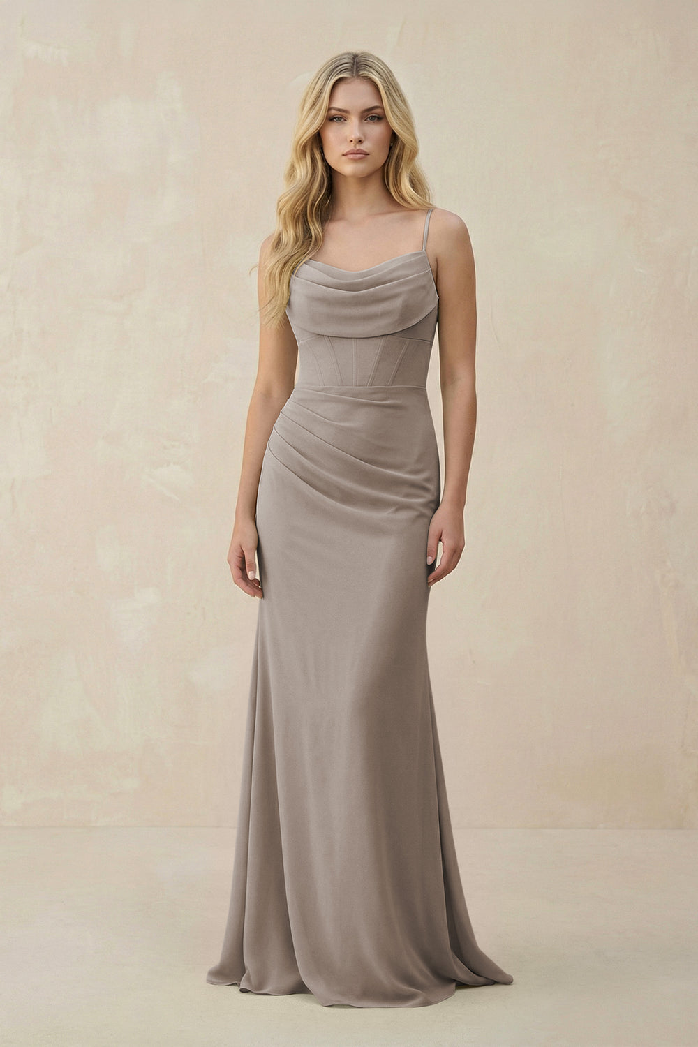 Cowl Neck Sheath Chiffon Bridesmaid Dress with Corset in Frost