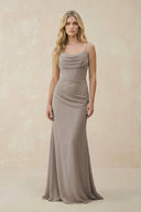 Frost Cowl Neck Sheath Chiffon Bridesmaid Dress with Corset | KISSBRIDAL