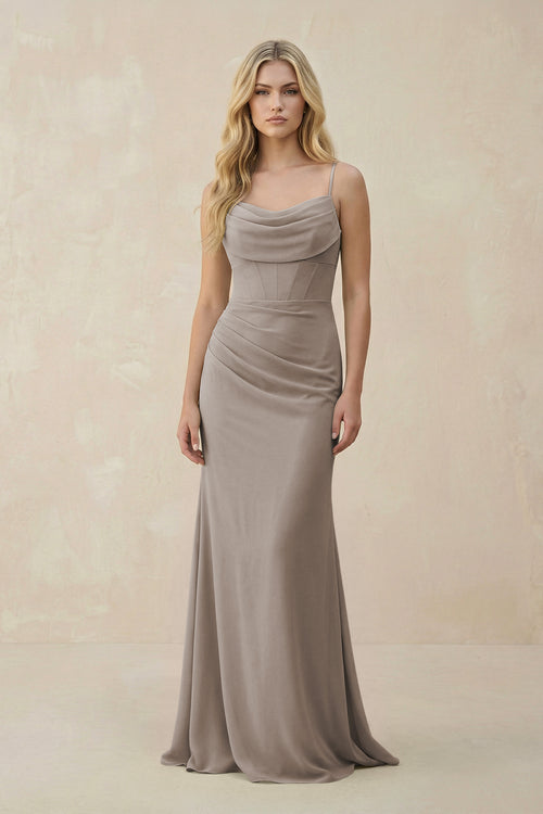 Frost Cowl Neck Sheath Chiffon Bridesmaid Dress with Corset | KISSBRIDAL