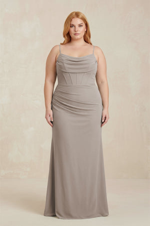 Frost Cowl Neck Sheath Chiffon Bridesmaid Dress with Corset  [sizeplus] | KISSBRIDAL