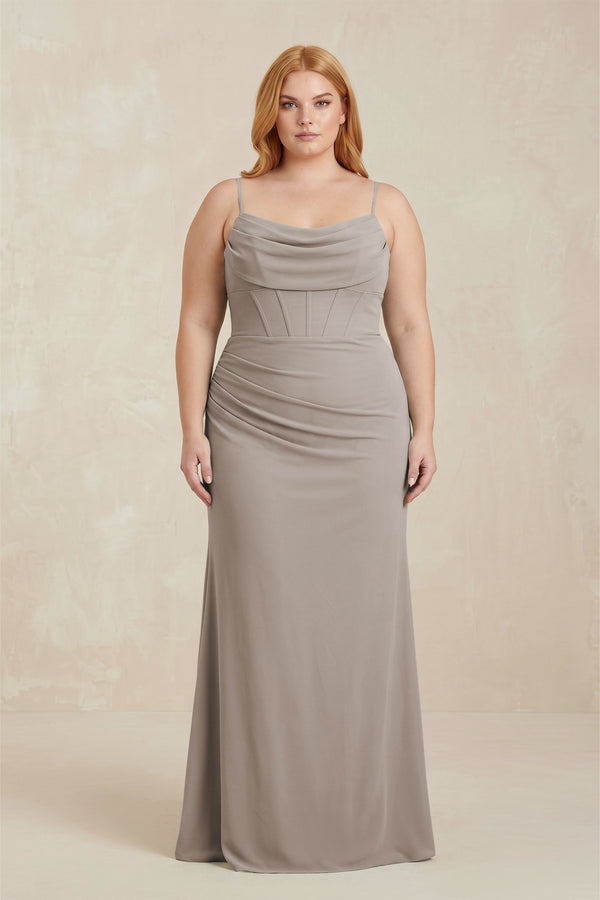 Frost Cowl Neck Sheath Chiffon Bridesmaid Dress with Corset  [sizeplus] | KISSBRIDAL