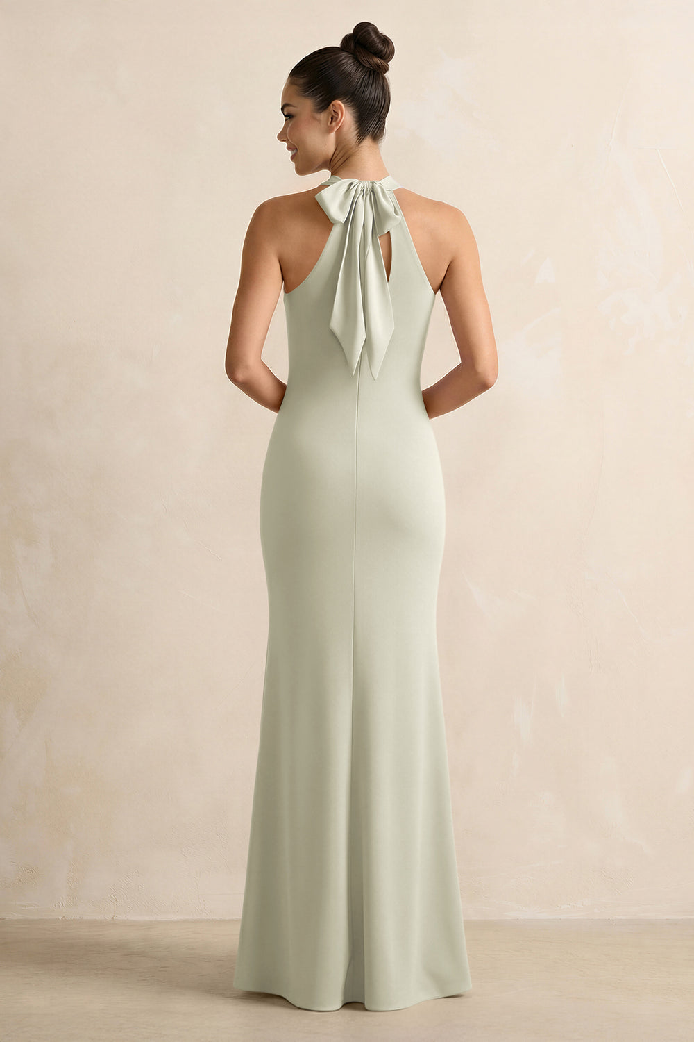 Crisscross Halter Sheath Satin Bridesmaid Dress with Bow in Frost