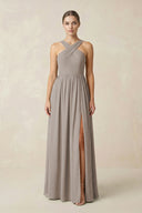 Frost Cross Halter Neck Chiffon A-Line Bridesmaid Dress With Slit | KISSBRIDAL