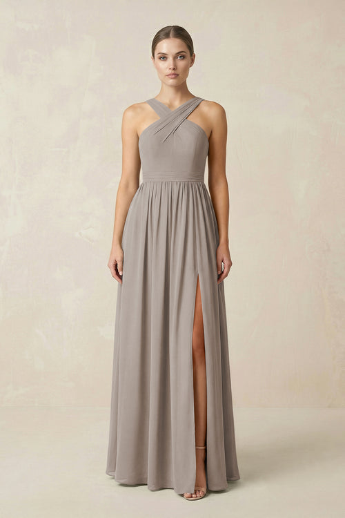 Frost Cross Halter Neck Chiffon A-Line Bridesmaid Dress With Slit | KISSBRIDAL