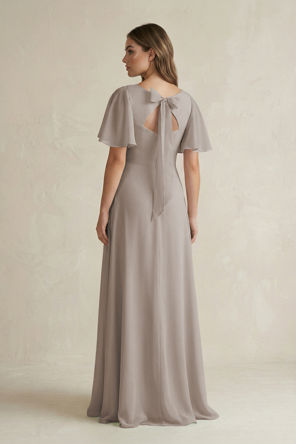 Flutter Sleeve V-Neck A-Line Chiffon Bridesmaid Dress in Frost