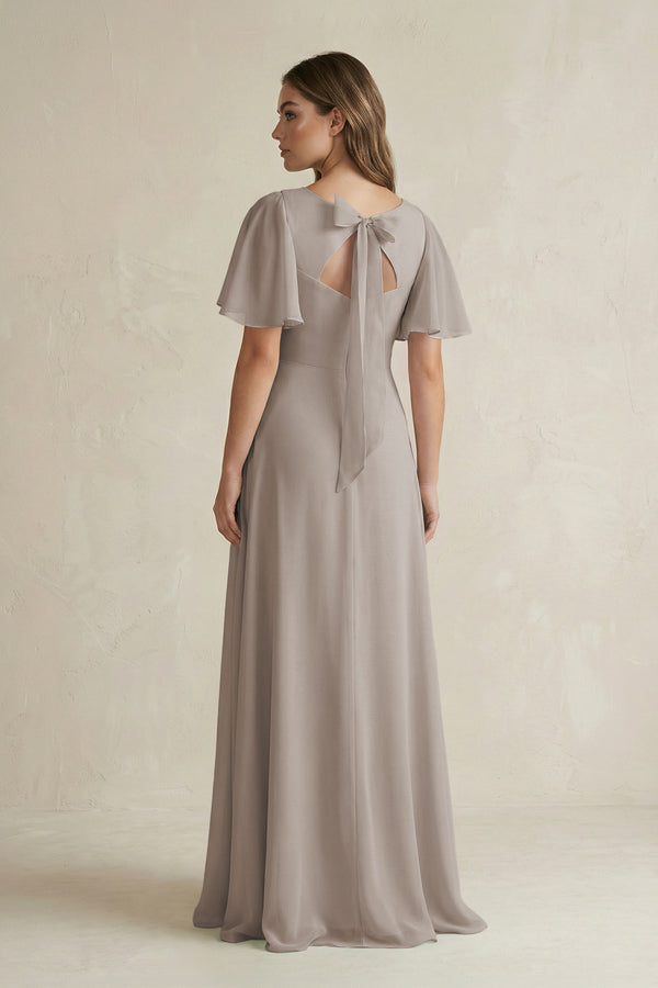 Frost Flutter Sleeve V-Neck A-Line Chiffon Bridesmaid Dress (2) | KISSBRIDAL