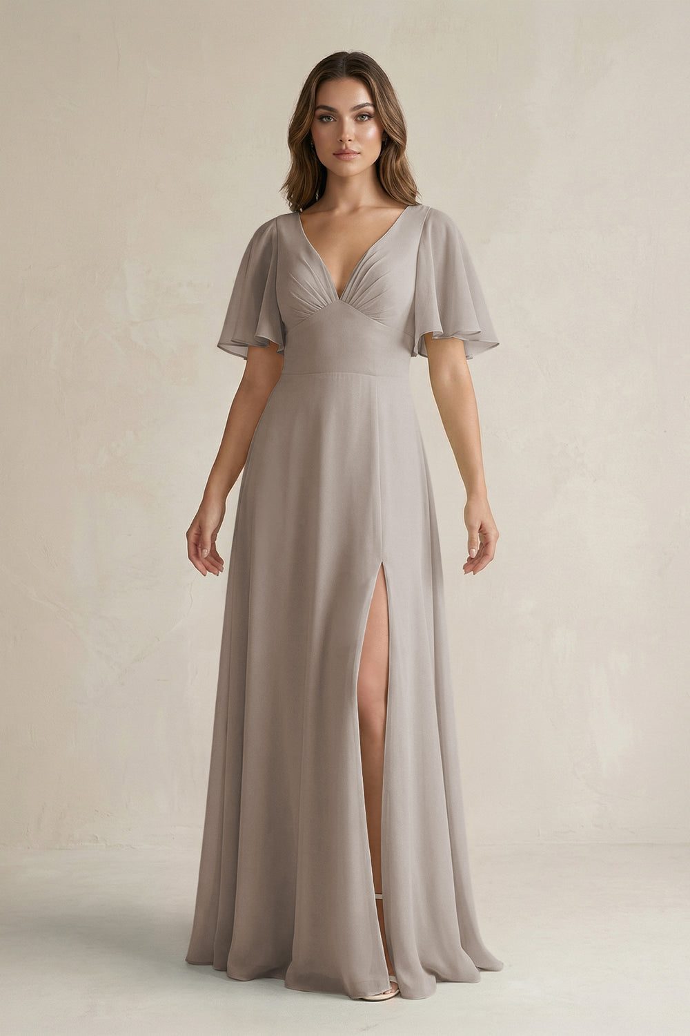 Flutter Sleeve V-Neck A-Line Chiffon Bridesmaid Dress in Frost