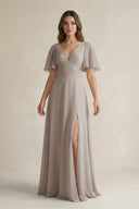 Frost Flutter Sleeve V-Neck A-Line Chiffon Bridesmaid Dress | KISSBRIDAL
