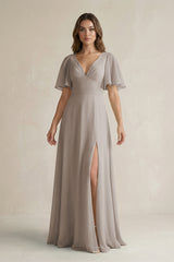 Frost Flutter Sleeve V-Neck A-Line Chiffon Bridesmaid Dress | KISSBRIDAL