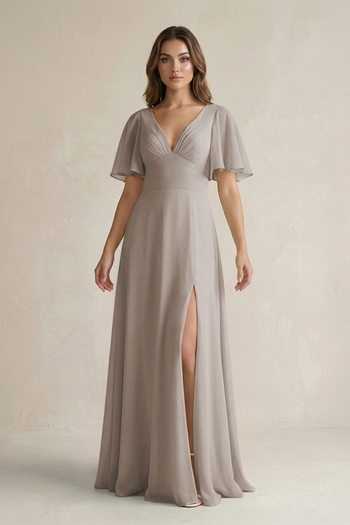 Frost Flutter Sleeve V-Neck A-Line Chiffon Bridesmaid Dress | KISSBRIDAL