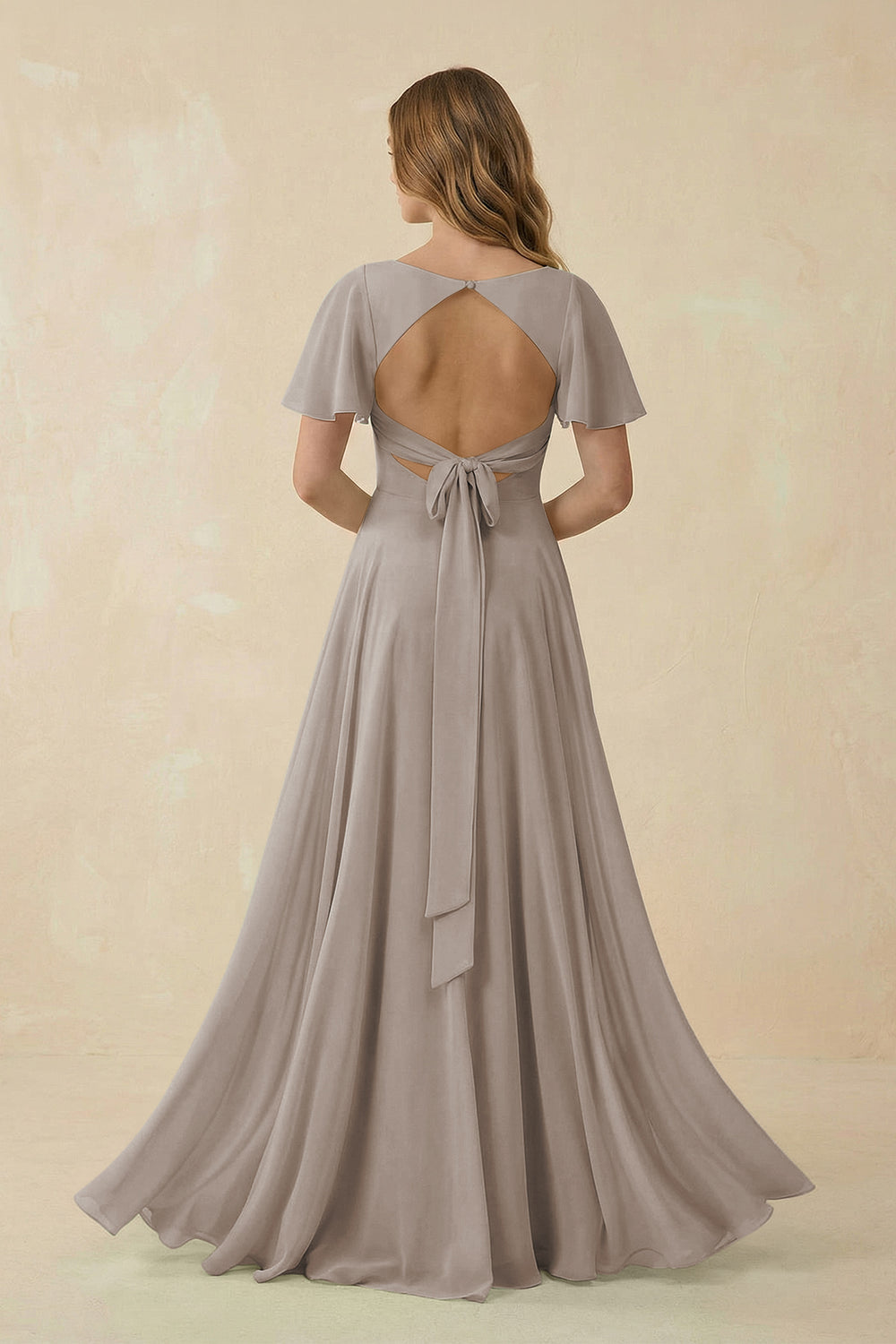 Flutter Sleeve V-Neck Chiffon A-Line Bridesmaid Dress in Frost
