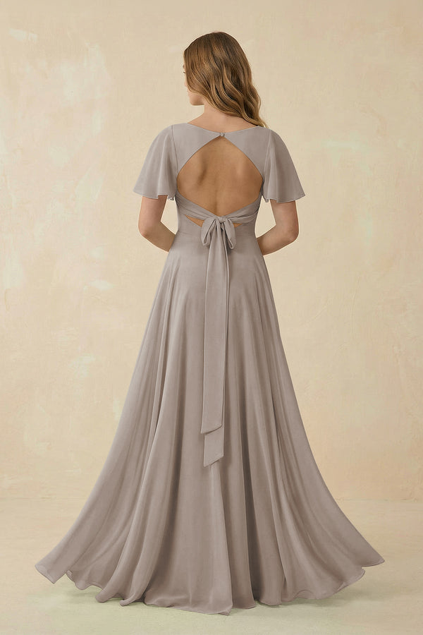 Frost Flutter Sleeve V-Neck Chiffon A-Line Bridesmaid Dress (2) | KISSBRIDAL