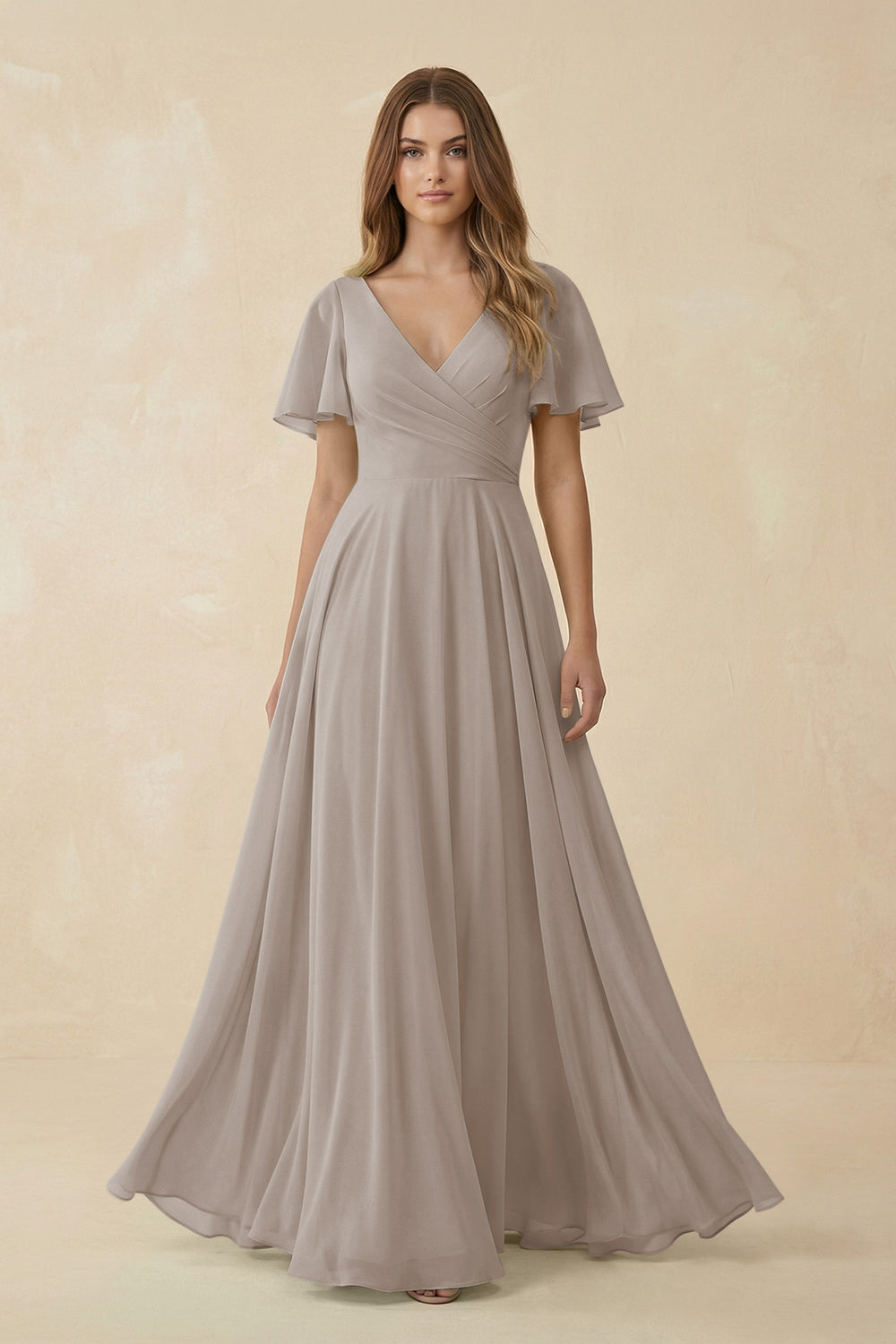 Flutter Sleeve V-Neck Chiffon A-Line Bridesmaid Dress in Frost