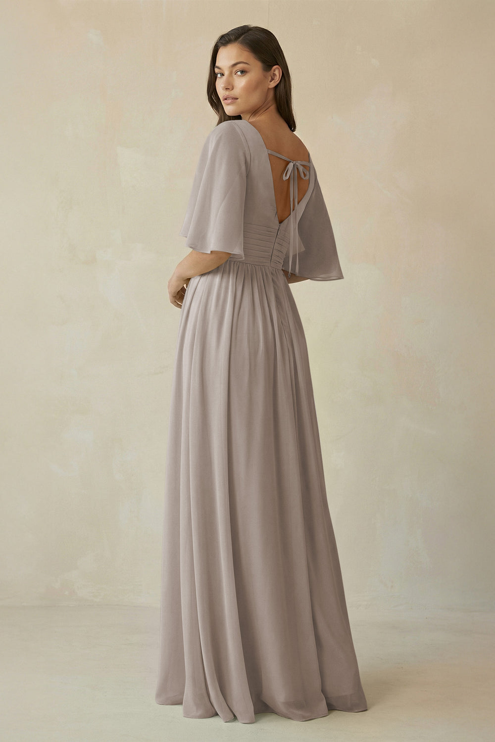 Half Sleeve V-Neck A-Line Chiffon Bridesmaid Gown in Frost