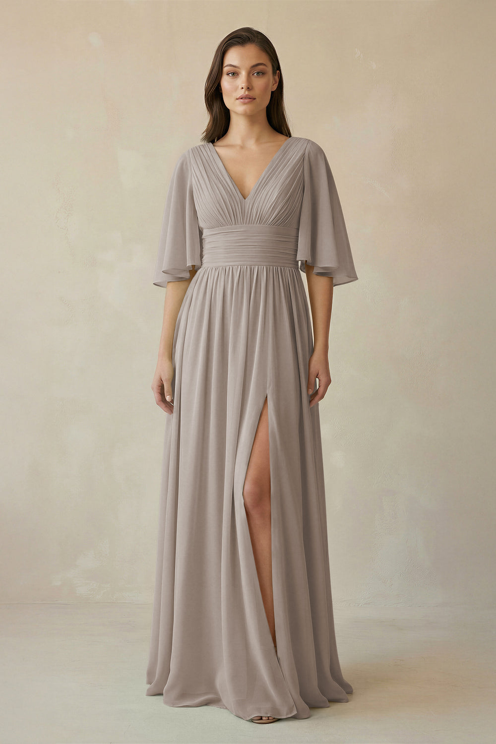 Half Sleeve V-Neck A-Line Chiffon Bridesmaid Gown in Frost