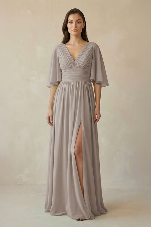 Frost Half Sleeve V-Neck A-Line Chiffon Bridesmaid Gown | KISSBRIDAL