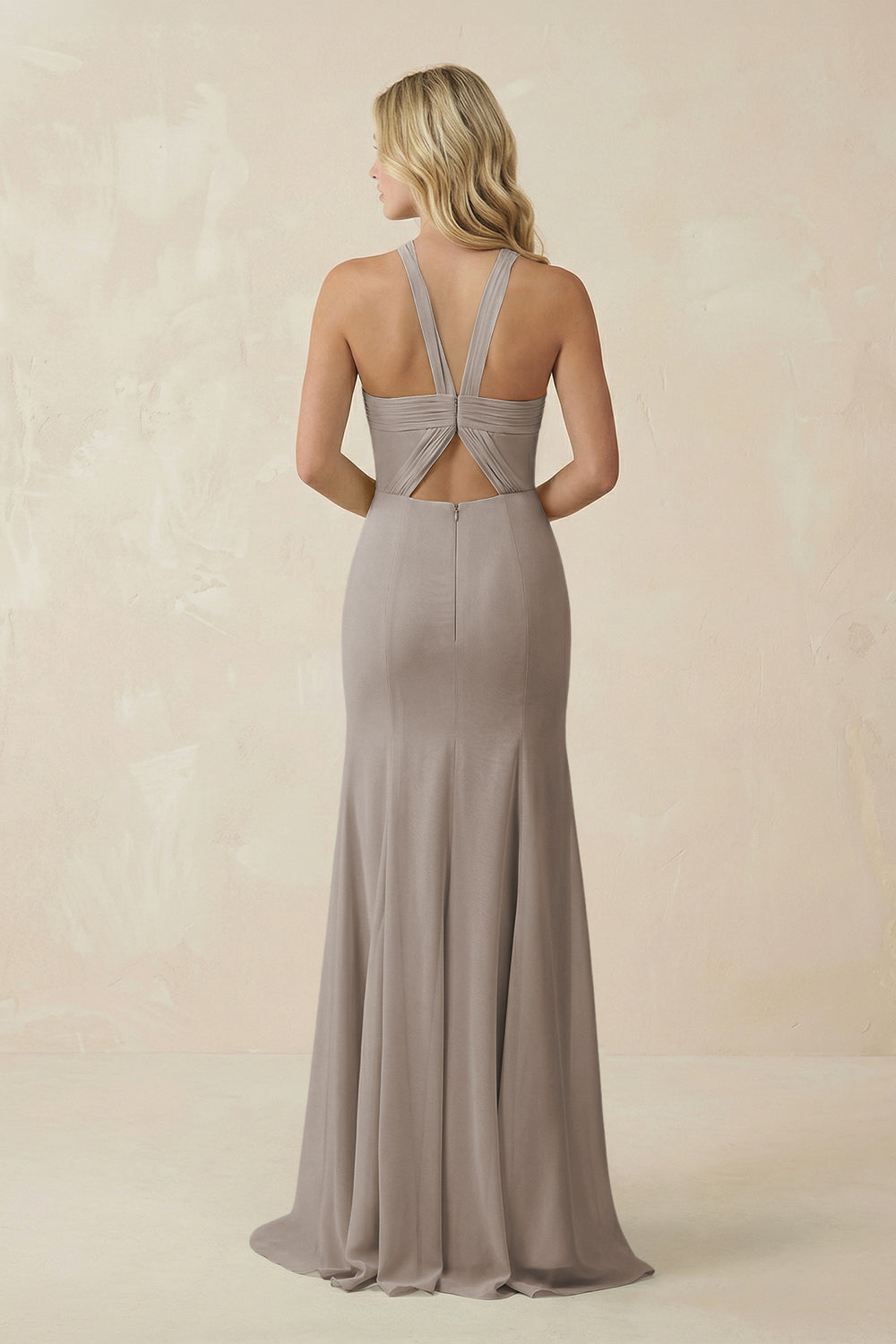 Halter Chiffon Mermaid Ruched Bridesmaid Dress in Frost