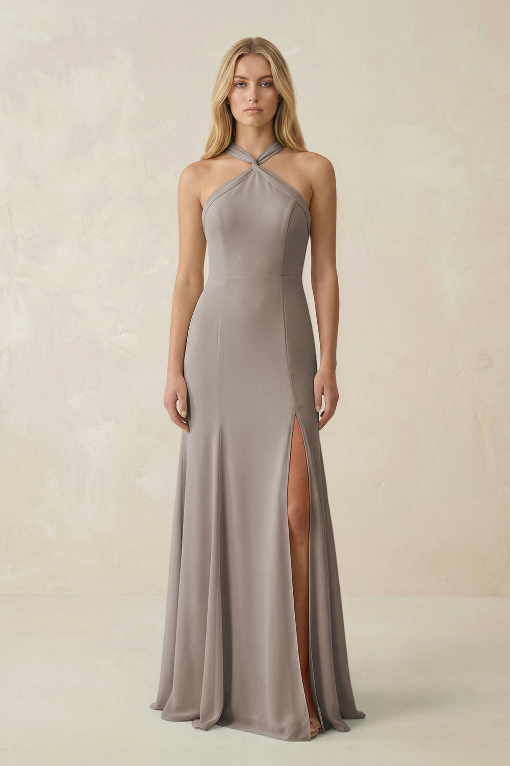 Halter Chiffon Mermaid Ruched Bridesmaid Dress in Frost