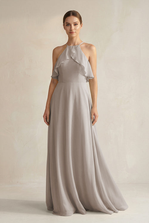 Frost Halter Neck A-Line Chiffon Bridesmaid Dress with Keyhole | KISSBRIDAL