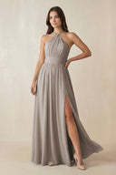Frost Halter Neck Ruched A-Line Chiffon Bridesmaid Dress | KISSBRIDAL