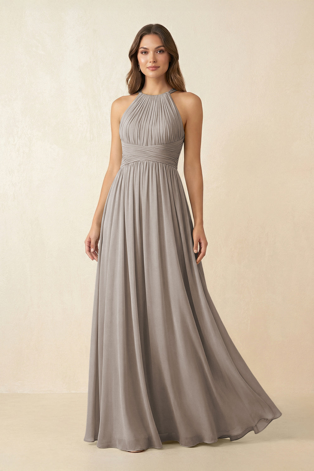 Halter Pleated A-Line Chiffon Bridesmaid Dress in Frost