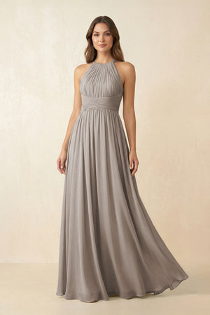 Frost Halter Pleated A-Line Chiffon Bridesmaid Dress | KISSBRIDAL